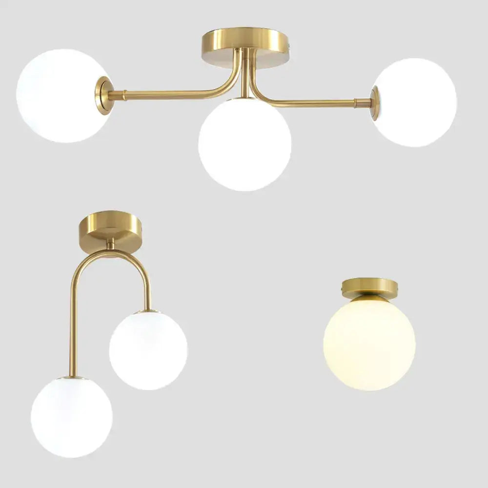 Decorbites modern acrylic ball ceiling light with brass finish and frosted white spherical glass shades for home use