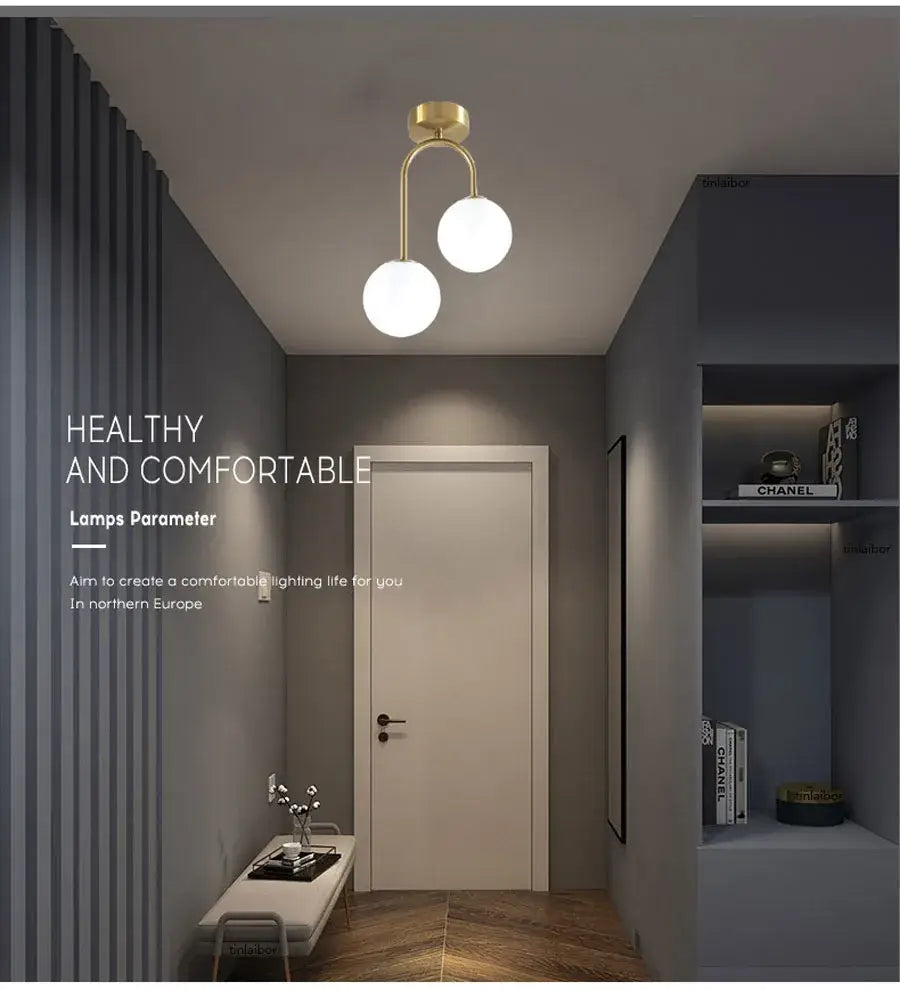 DecorBites™ modern gold-toned acrylic ball ceiling light with two white glass globes for home ceiling lighting