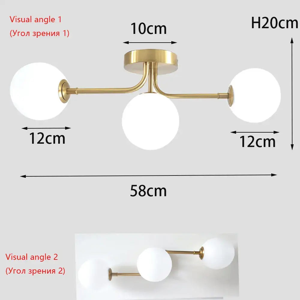 Gold-toned decorbites modern acrylic ball ceiling light with three frosted white spherical glass shades