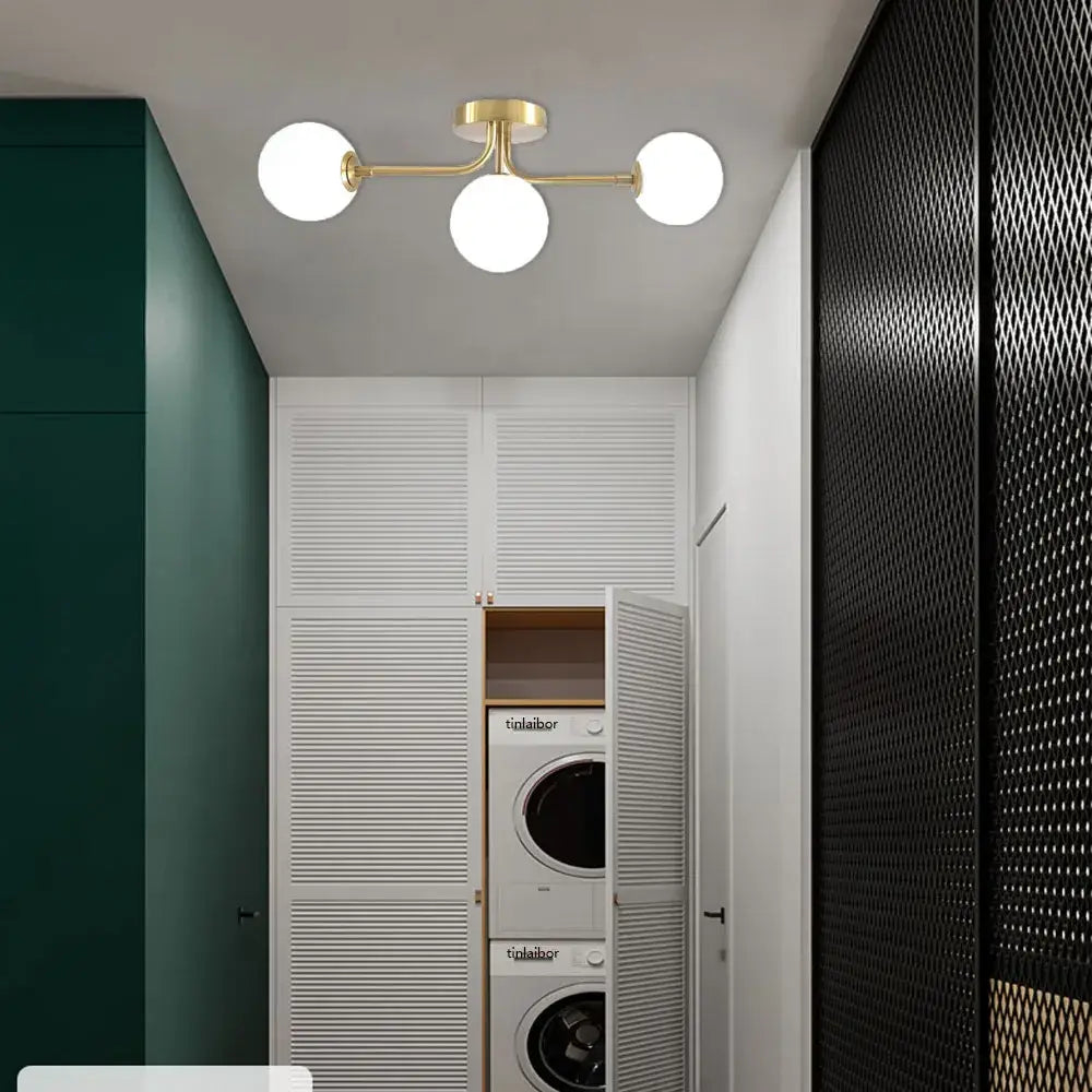 DecorBites™ modern gold-toned ceiling light featuring three white acrylic ball bulbs for home use