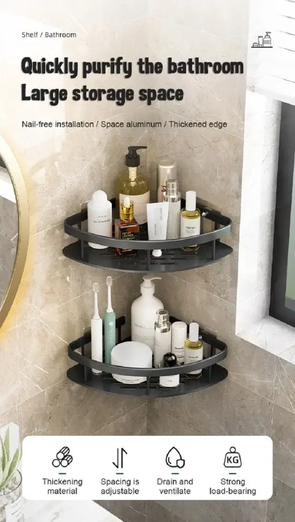 Black two-tiered decorbites™ aluminum bathroom corner caddy shelf made of space aluminum with thickened edge for strength