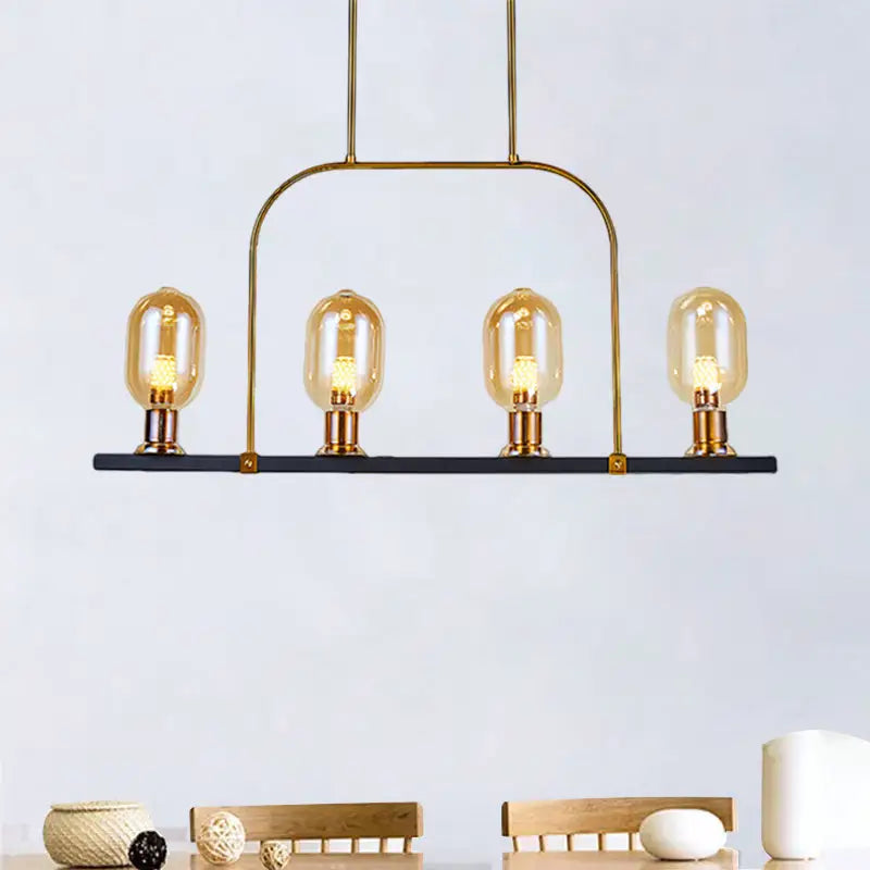 Decorbites modern amber glass 4-light hanging ceiling lamp with gold-toned metallic frame and industrial-style pendant bulbs