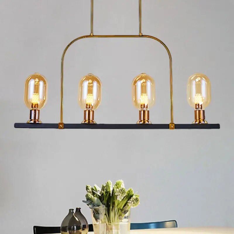 DecorBites™ modern amber glass 4-light pendant lamp with gold-toned metallic frame and black metal bar