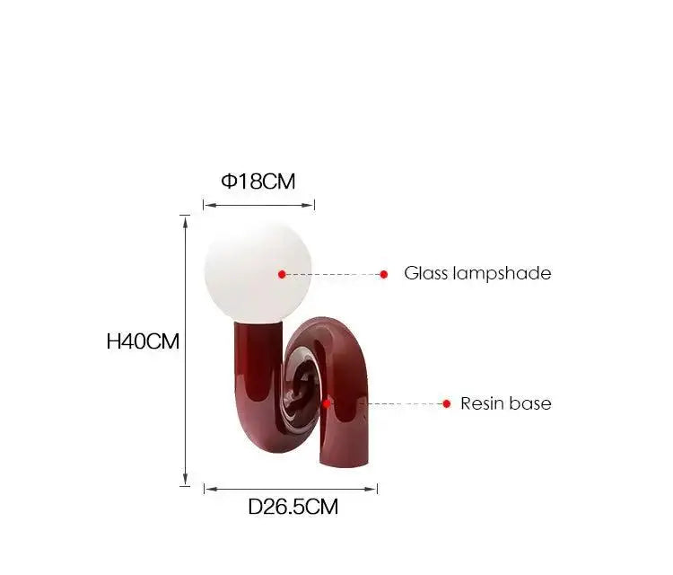 Decorbites™ modern art table lamp with a deep red glossy resin base and white glass lampshade table lamp