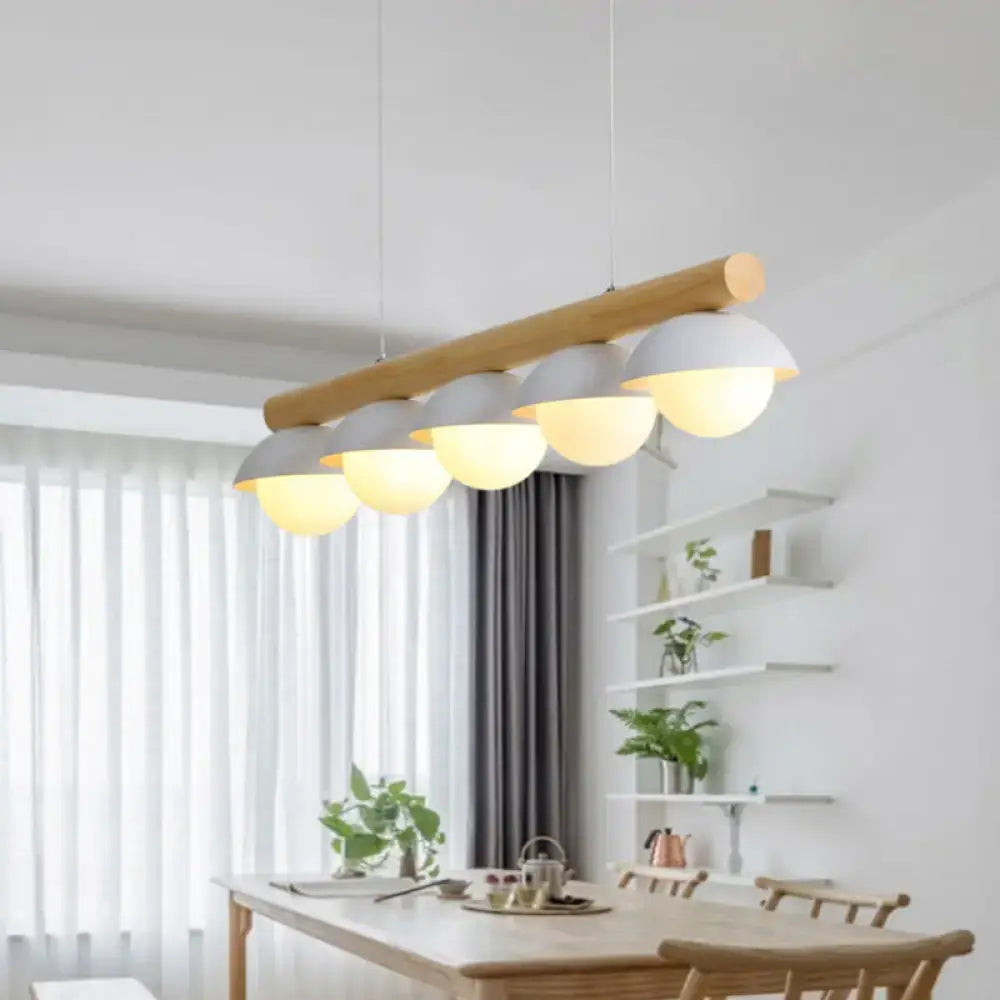 DecorBites modern Asian style ceiling lamp with tubular wood LED beam and five white dome shades for dining room