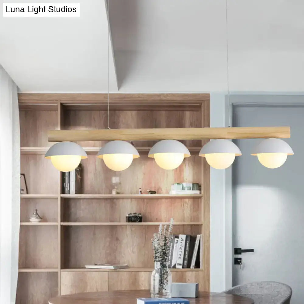 Decorbites modern ceiling lamp with five matte white dome shades and tubular wood led island lighting bar
