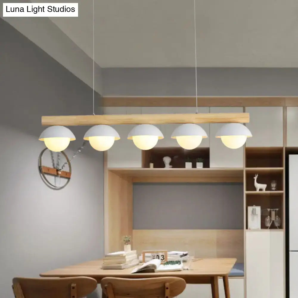 Modern minimalist ceiling lamp with natural wood bar and five matte white dome shades tubular wood led island light