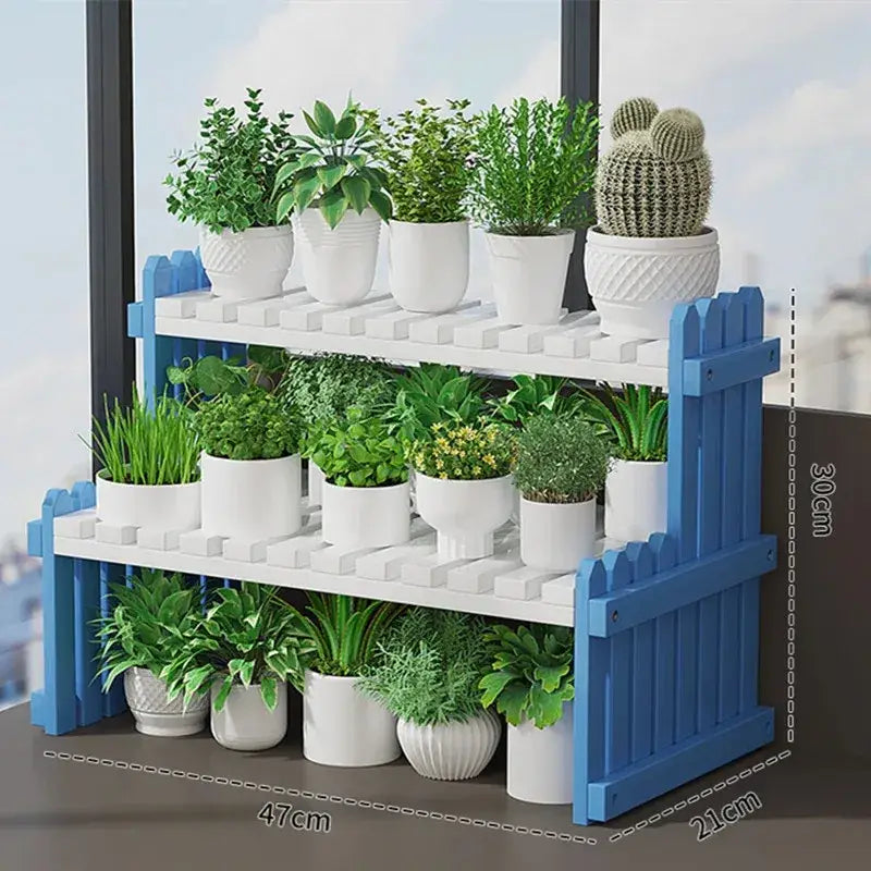 DecorBites modern bamboo blue and white two-tier plant display stand with picket fence design for stylish plant display
