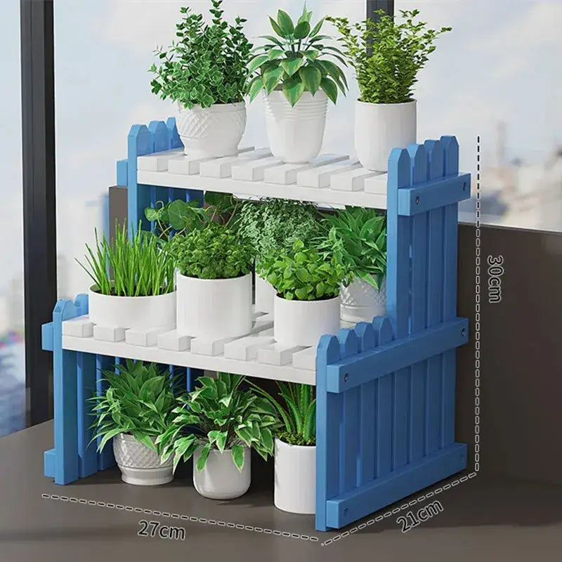 Decorbites modern bamboo blue and white two-tier plant display stand with picket fence design for indoor plant display