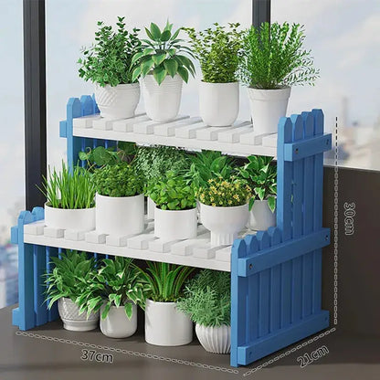 Decorbites modern bamboo two-tier plant display stand in blue and white with picket fence design for plant display