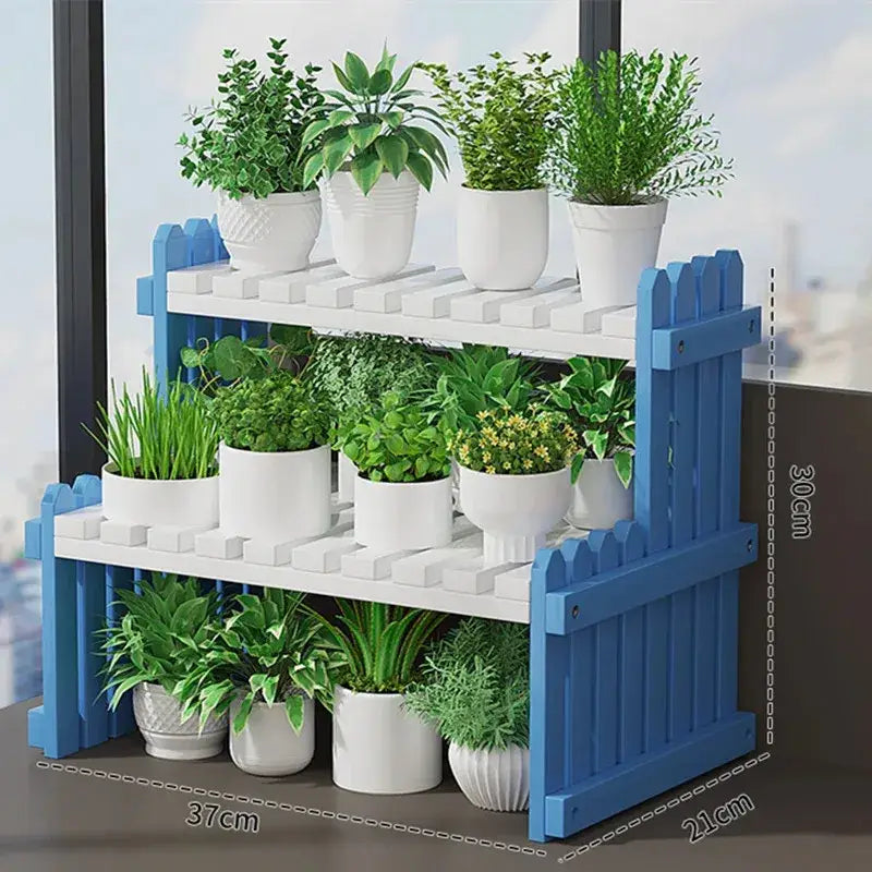 Decorbites modern bamboo two-tier plant display stand in blue and white with picket fence design for plant display