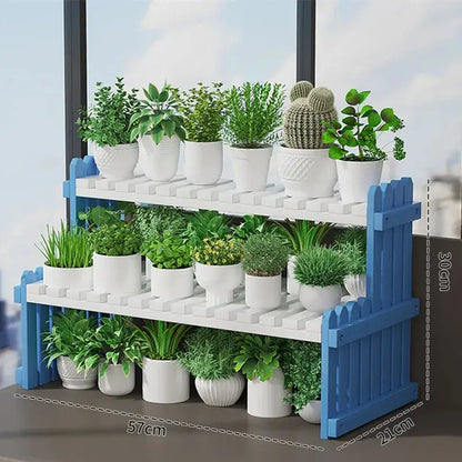Decorbites modern bamboo two-tier blue and white plant display stand with picket fence design for indoor use