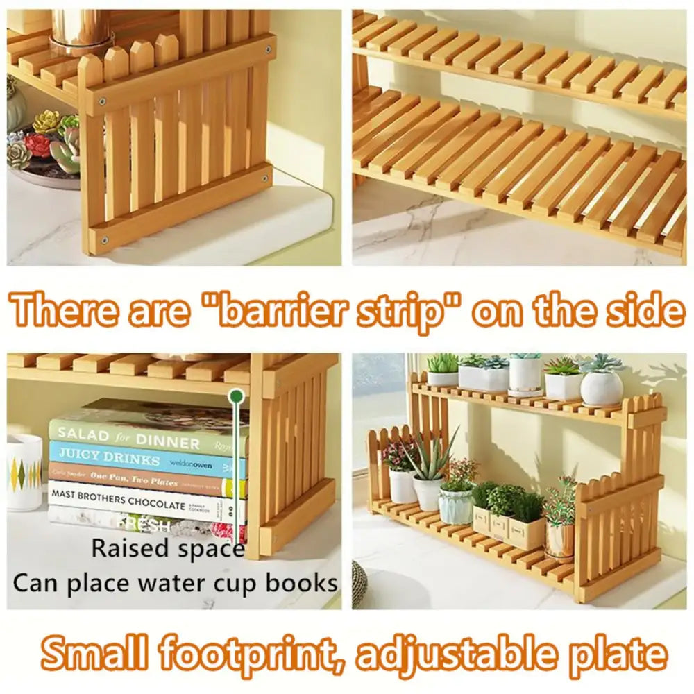 Light brown bamboo 2-tier plant display stand with picket fence design and slatted shelves for modern plant display