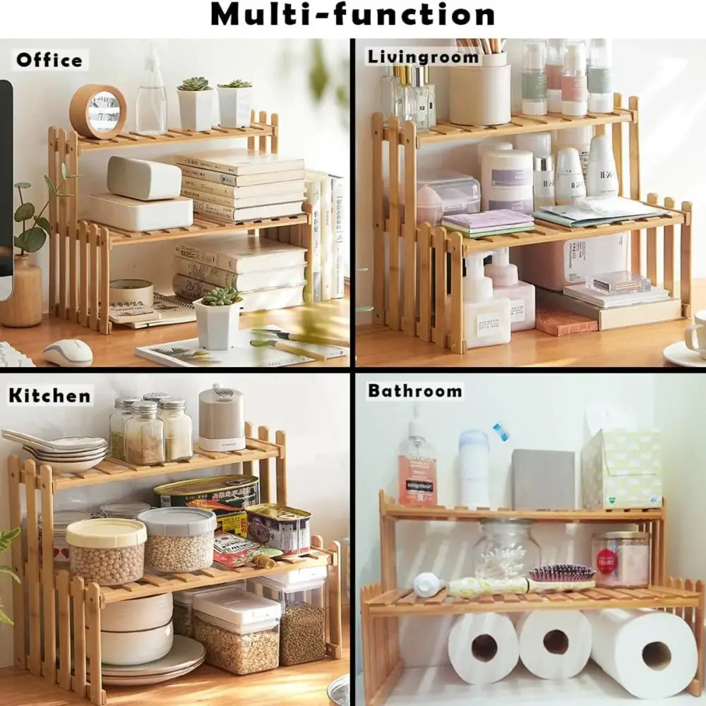 Light brown bamboo multi-function 2-tier plant display stand with slatted design and vertical side panels by DecorBites