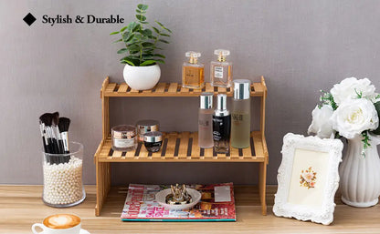 Light brown bamboo two-tier plant display stand by DecorBites™ for modern plant display and décor use
