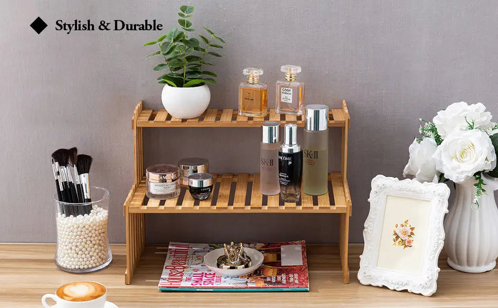 Light brown bamboo two-tier plant display stand by DecorBites™ for modern plant display and décor use