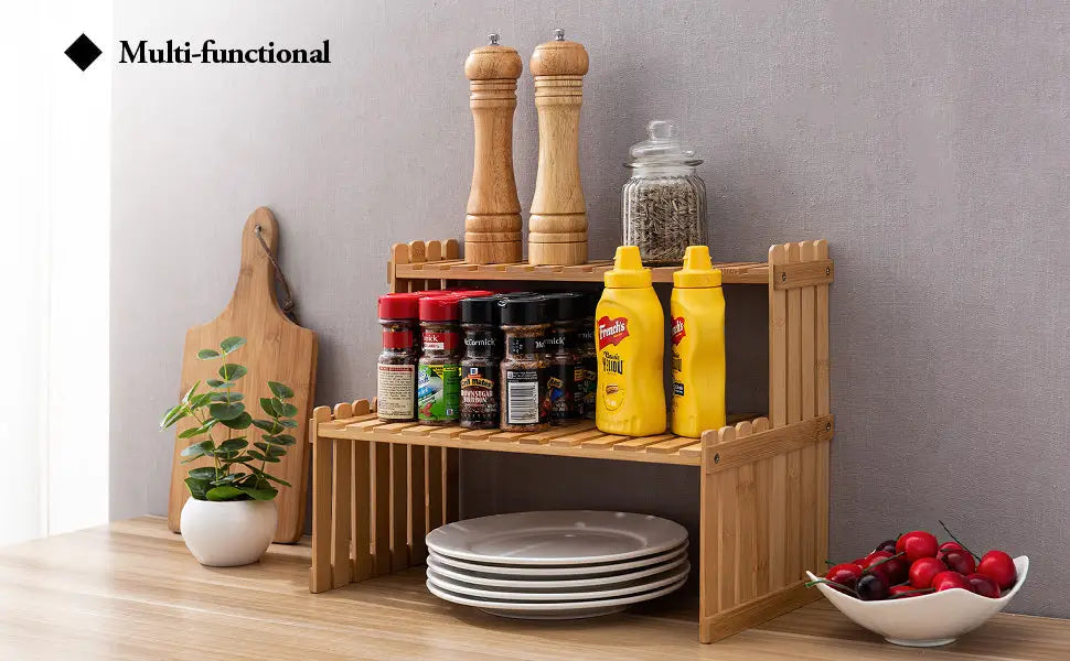 Decorbites modern light brown bamboo two-tier plant display stand with slatted shelves and decorative notched edges