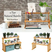 Natural bamboo 2-tier plant display stand with slatted shelves by DecorBites™ for modern plant display use