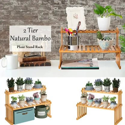 Natural bamboo 2-tier plant display stand with slatted shelves by DecorBites™ for modern plant display use