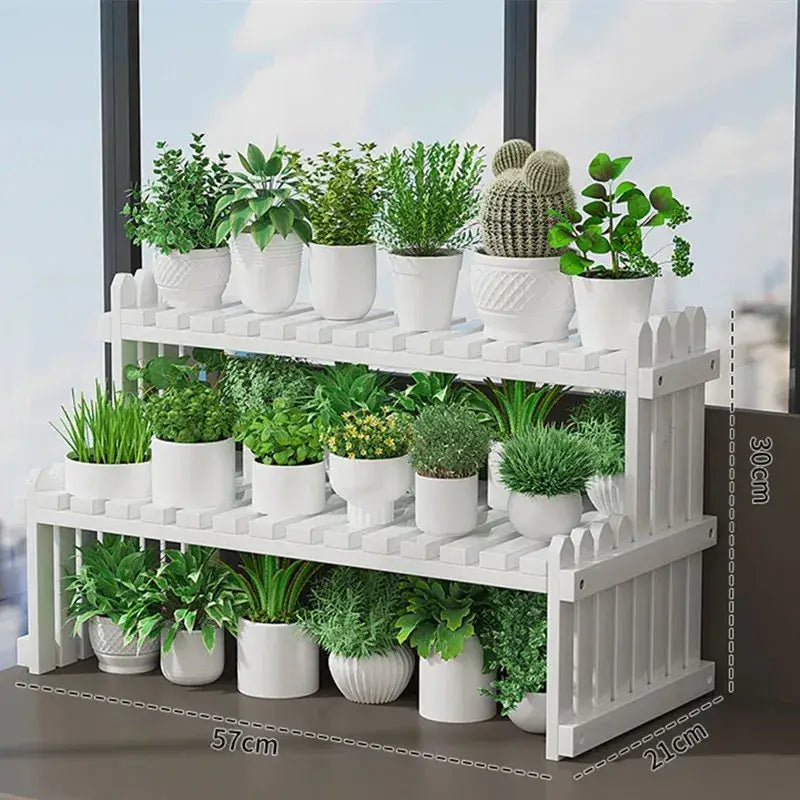 Decorbites modern bamboo white picket fence 3-tier plant display stand for indoor plant display and organization