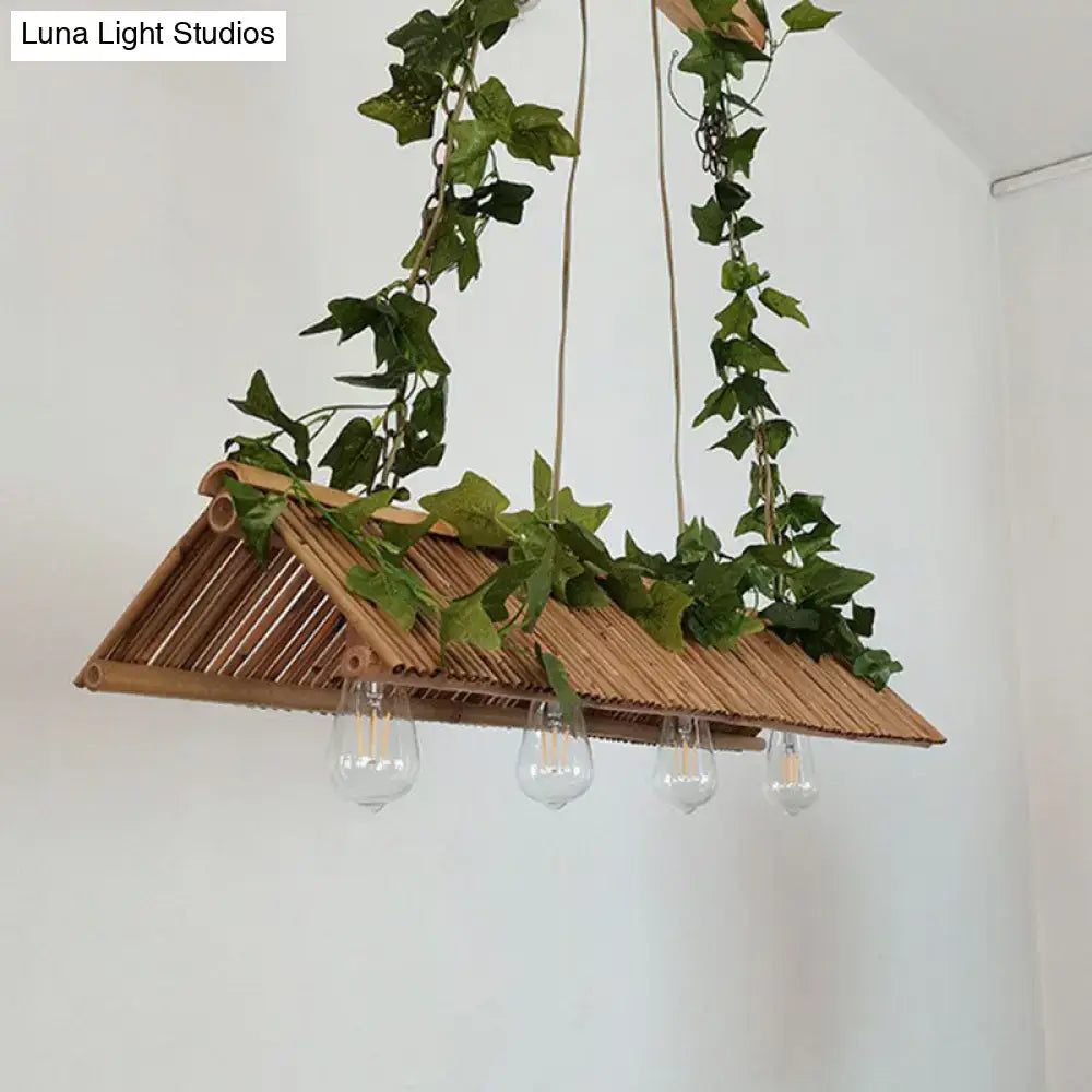 DecorBites modern bamboo island pendant light fixture with triangle roof design, rattan lantern, ivy vines, e26 e27 bulbs