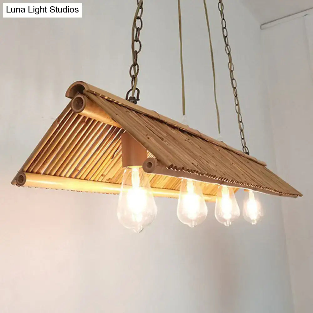 DecorBites modern bamboo pendant light with triangle roof design and four exposed bulbs wood light fixture