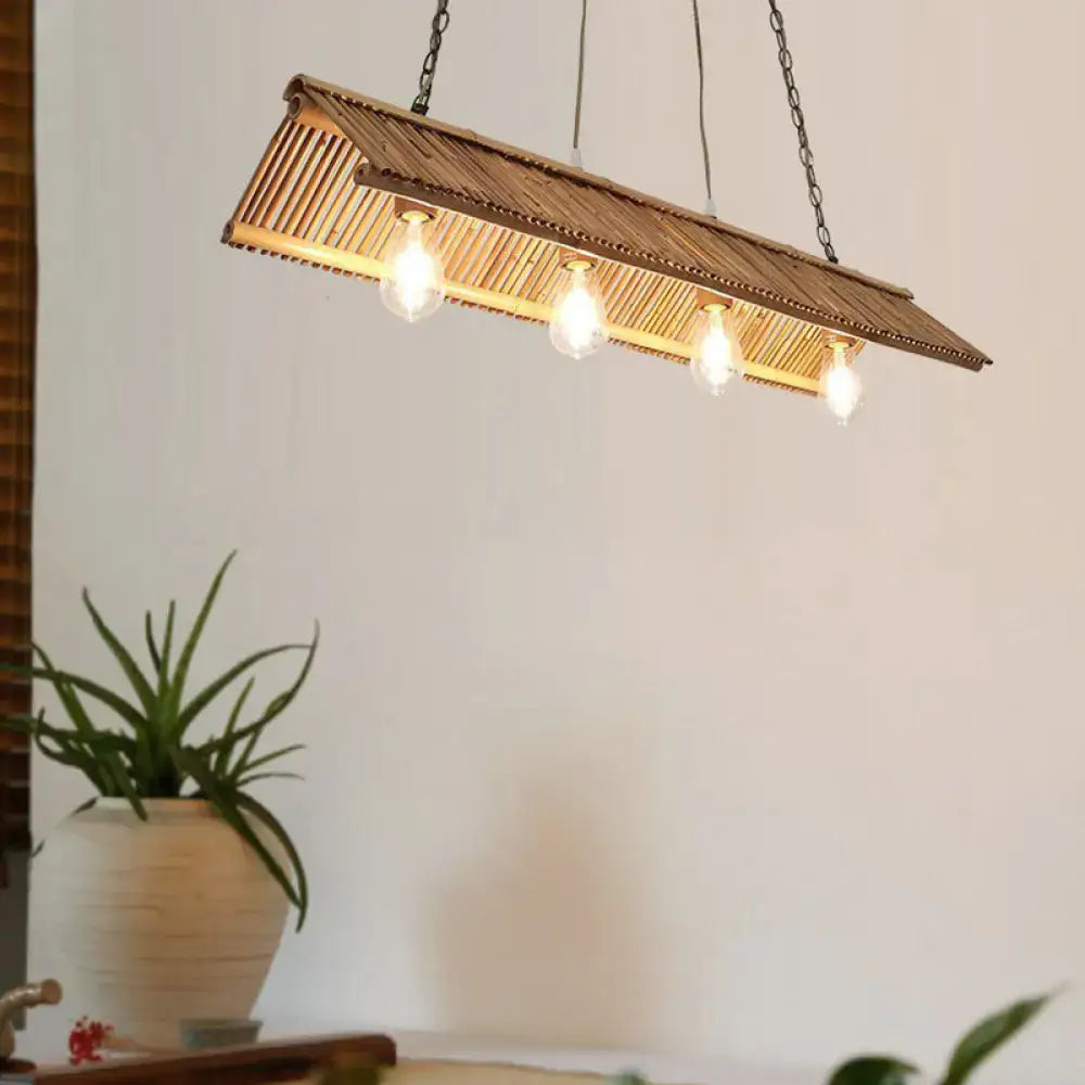 DecorBites modern bamboo island pendant light fixture with triangle roof design and four e26 e27 bulb sockets