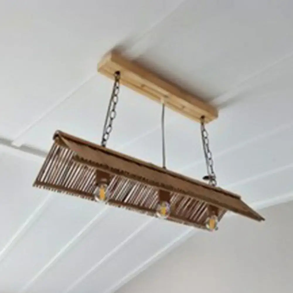 Decorbites modern bamboo island pendant light fixture with triangle roof wood frame and three e26 e27 bulbs