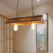 DecorBites™ modern bamboo light fixture with woven shade triangle roof design and two e26 e27 exposed bulbs