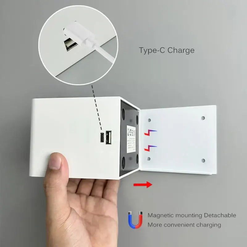 White rectangular wall sconce charging station with type-c and usb-a ports and magnetic detachable design for modern battery operated wall use