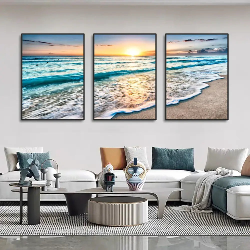 Set of three framed modern beach sunset canvas panels featuring warm sunset colors for wall decor by decorbites