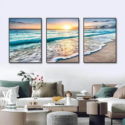 Three-panel decorbites modern beach sunset canvas wall art set with black frames featuring vibrant beach sunset colors