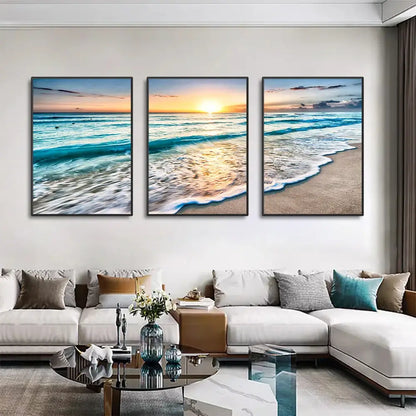 Three-panel DecorBites™ modern beach sunset canvas wall art with vibrant turquoise and golden hues in black frame