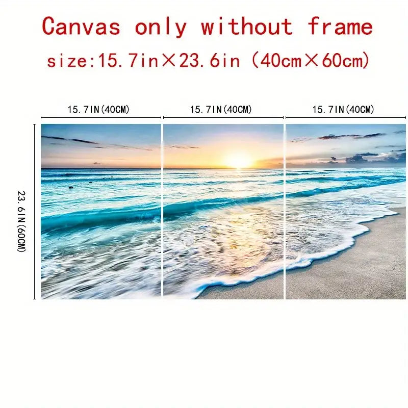 DecorBites™ modern beach sunset canvas wall art set featuring serene turquoise waves and golden sun rays on sandy shore