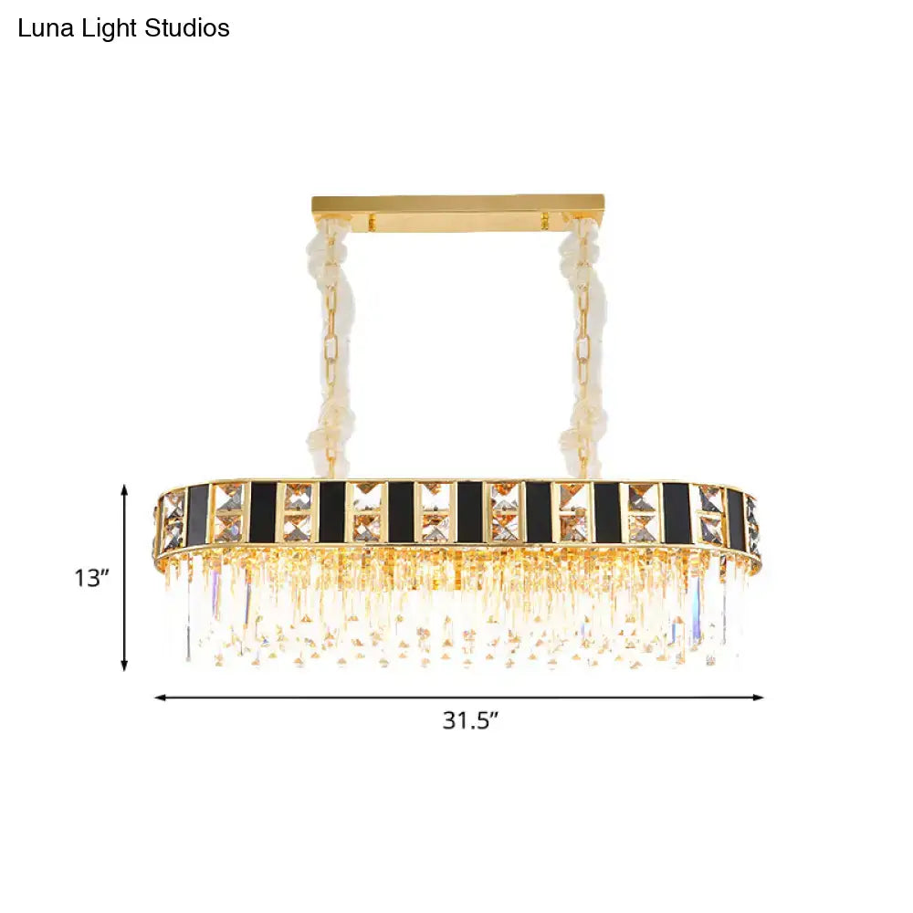 Gold-toned crystal oval island light with black and clear K9 crystals and 12 heads pendant for dining room ceiling
