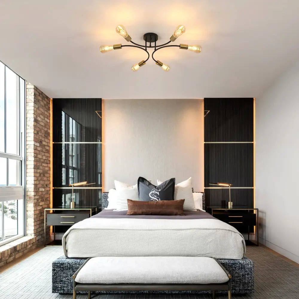 DecorBites™ modern black and gold sputnik chandelier ceiling light fixture with brass and multiple exposed bulb sockets