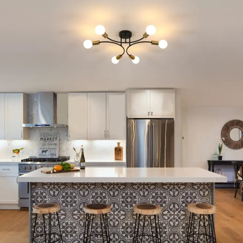 DecorBites™ modern black and brass sputnik chandelier with six spherical bulbs ceiling light fixture