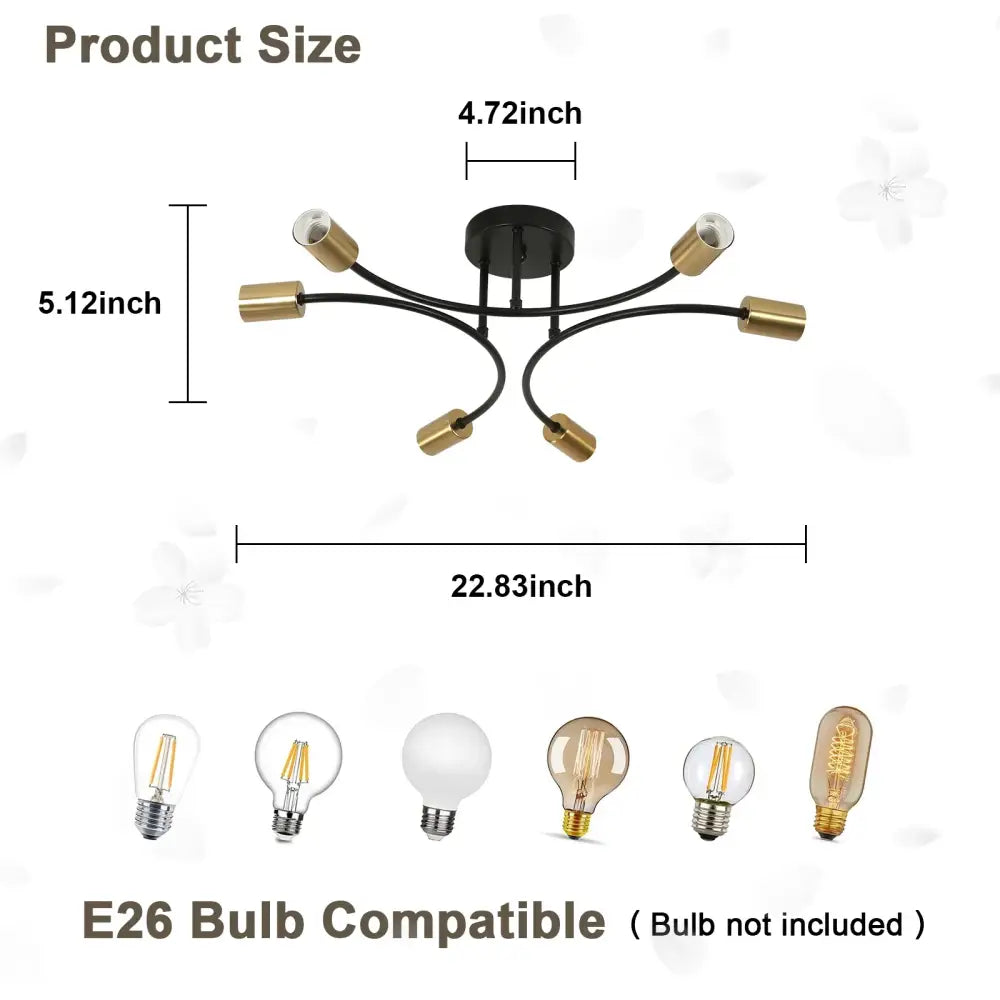 DecorBites™ modern black and gold sputnik chandelier ceiling light with six curved arms and brass lamp holders