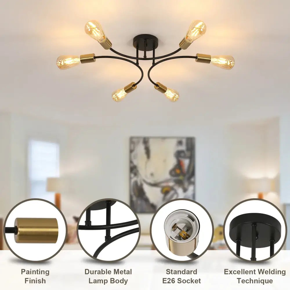 DecorBites™ modern black and gold sputnik chandelier ceiling light with six exposed Edison bulbs and metal accents