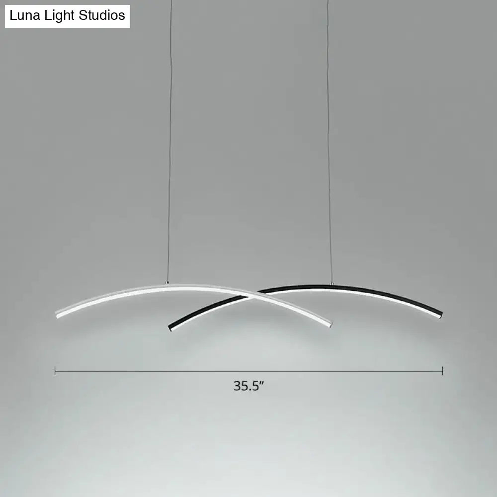 Decorbites modern black and white arc ceiling LED island light with two curved white and black metal arcs with integrated lighting