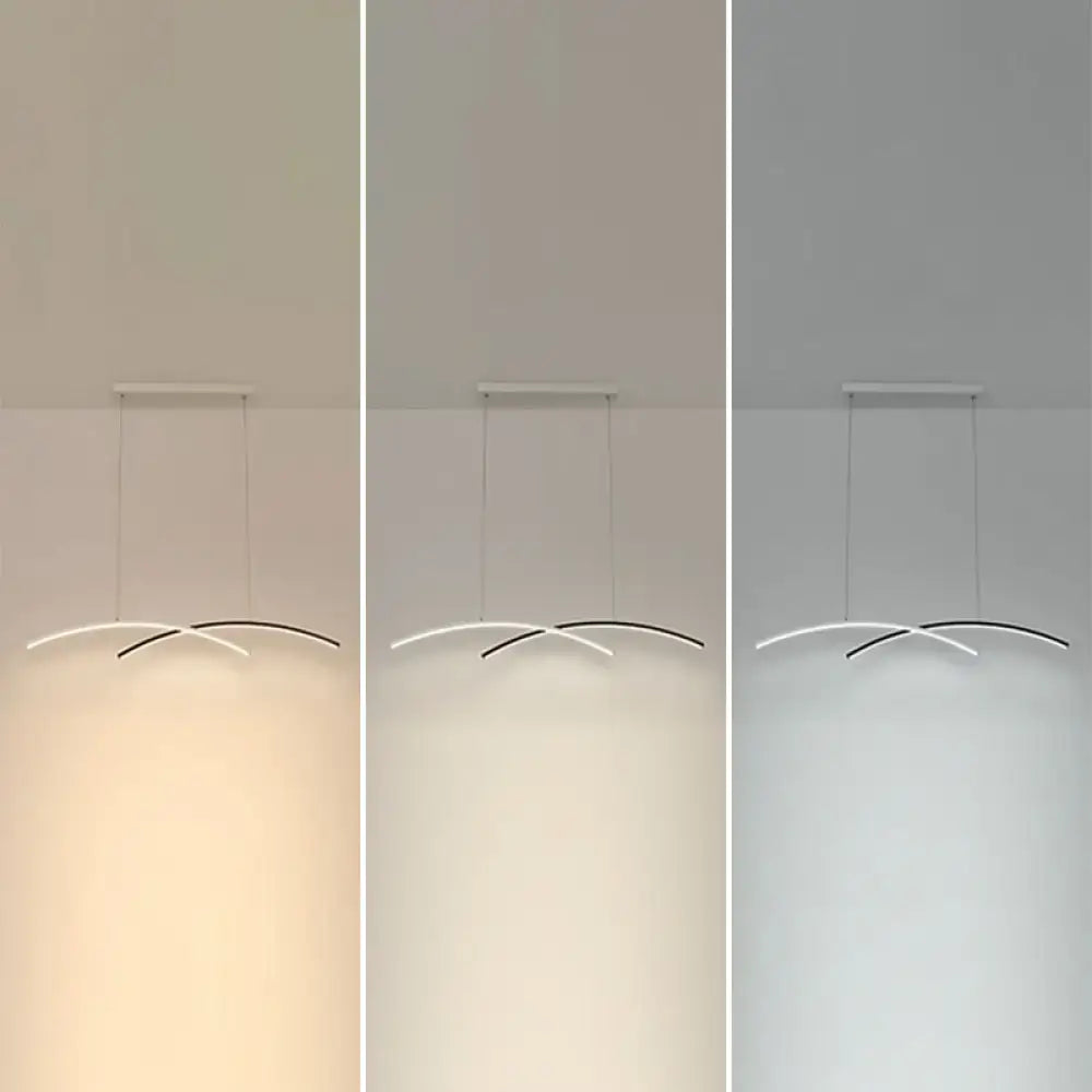 Decorbites modern black and white arc ceiling led island light with sleek curved arms and warm neutral cool lighting options