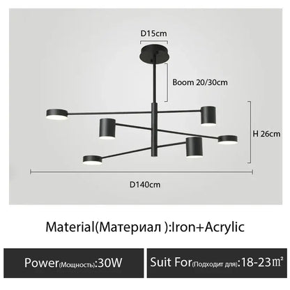 Decorbites™ modern black chandelier with five cylindrical lights on iron and acrylic arms for nordic style home lighting