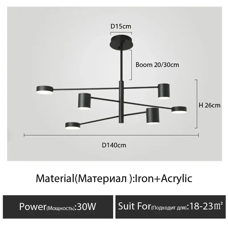 Decorbites™ modern black chandelier with five cylindrical lights on iron and acrylic arms for nordic style home lighting