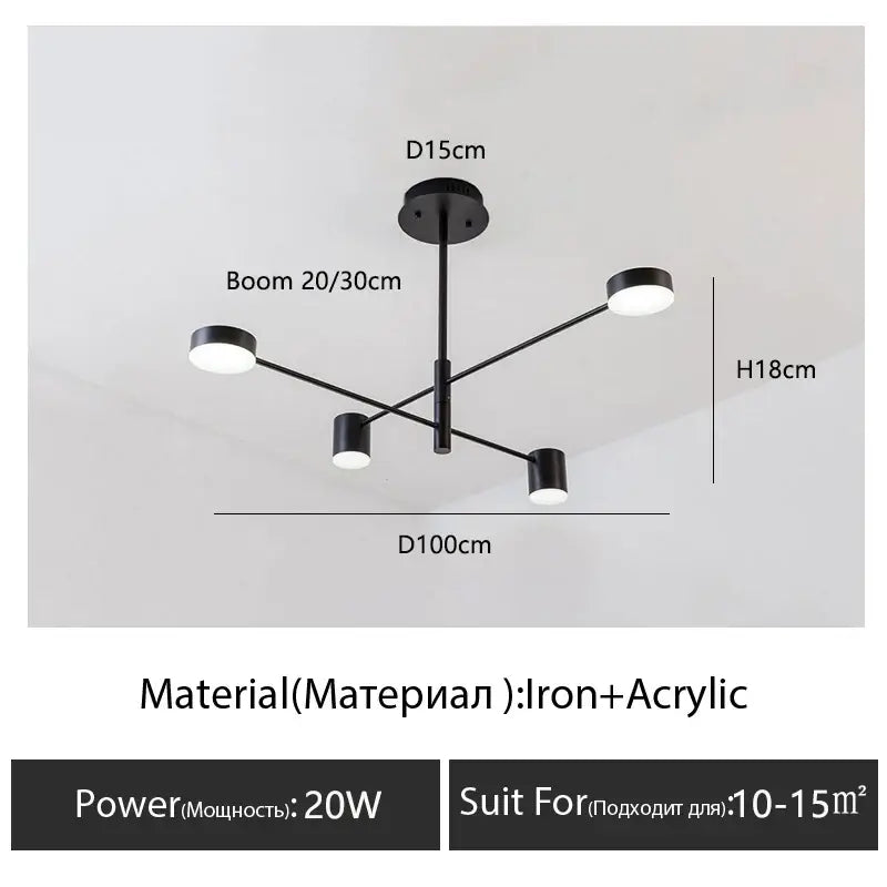 Decorbites™ modern black chandelier with four circular lights made of iron and acrylic for nordic style home lighting