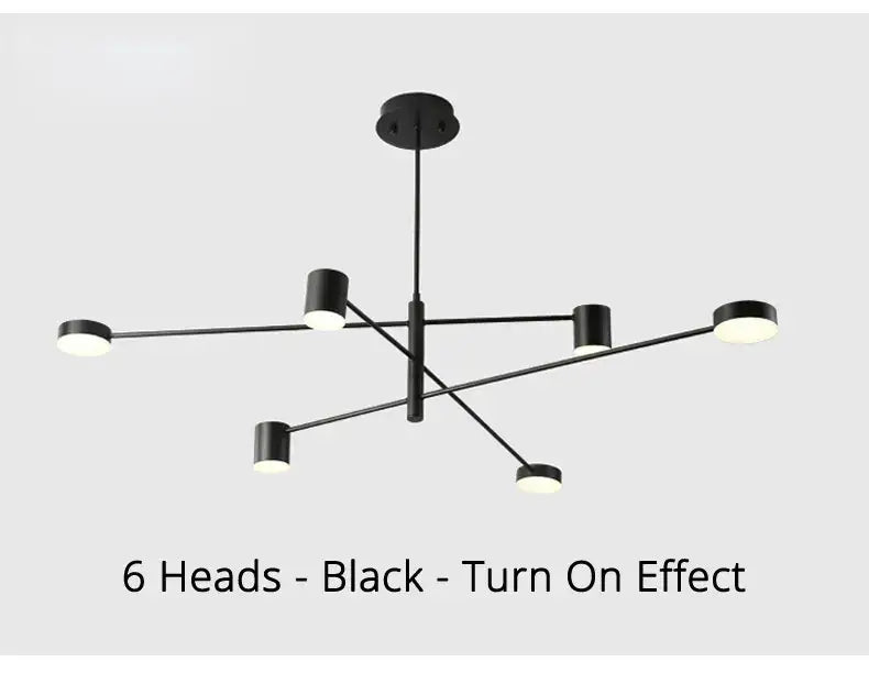 DecorBites modern black chandelier with six cylindrical light heads for simple black nordic style home lighting