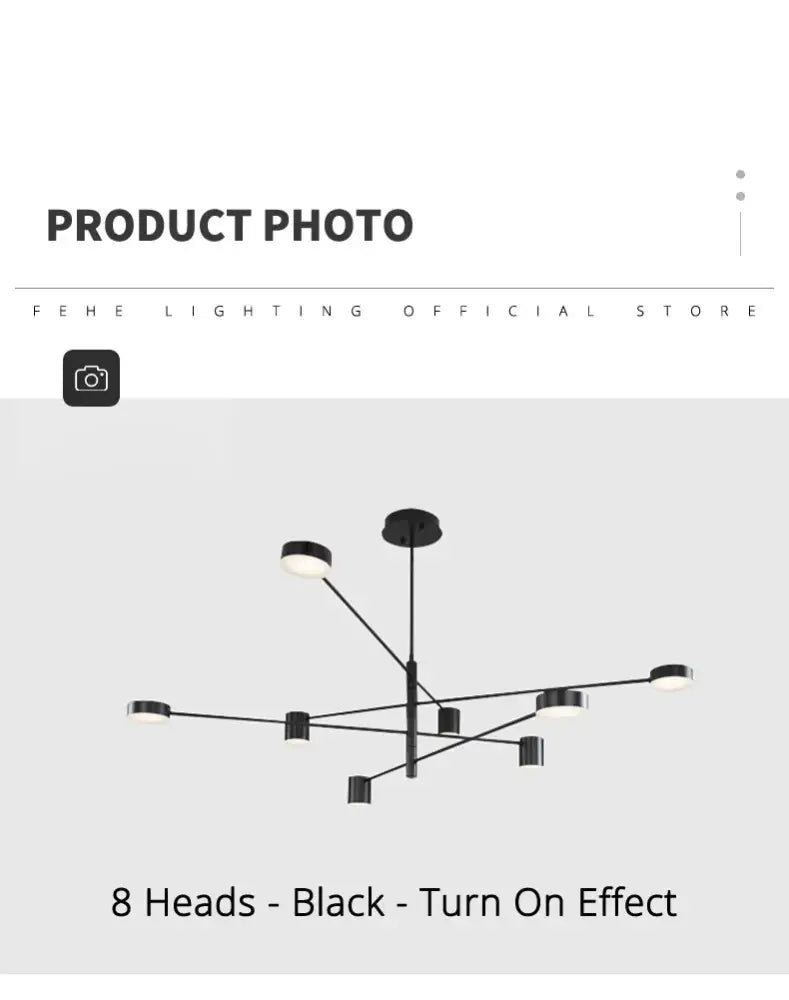 DecorBites™ modern black chandelier with eight circular light heads in a simple black Nordic style home design