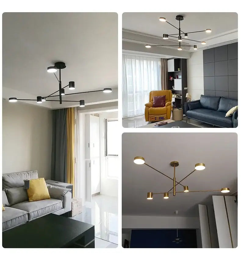 DecorBites™ modern black chandelier with brass arms and circular lights for simple black nordic style home lighting