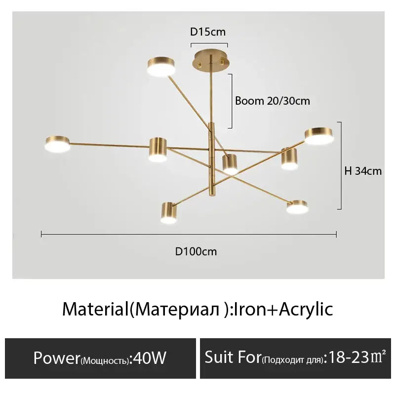 Modern black chandelier DecorBites™ with multiple iron arms and acrylic circular lights for nordic style home lighting