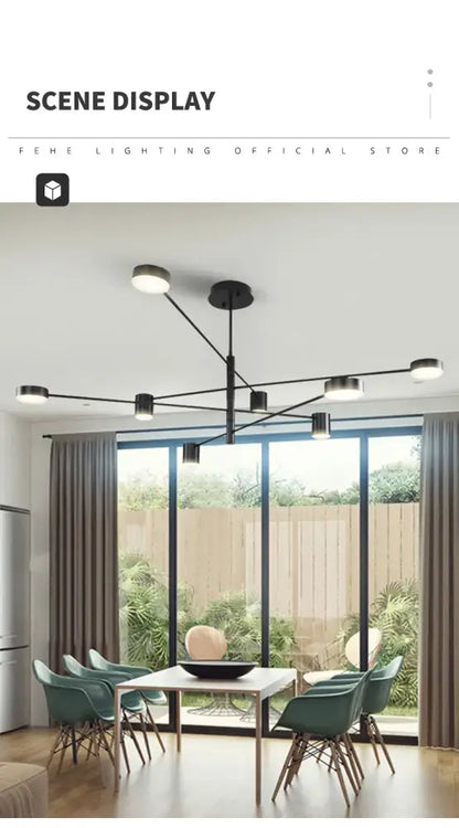 DecorBites modern black chandelier with multiple circular light fixtures in simple black Nordic style home lighting