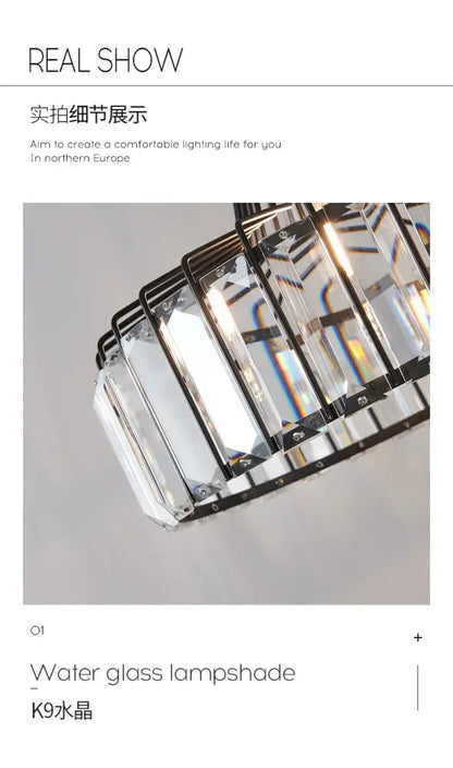 DecorBites™ modern black crystal LED pendant lamp with clear k9 crystal glass prisms in geometric metal frame